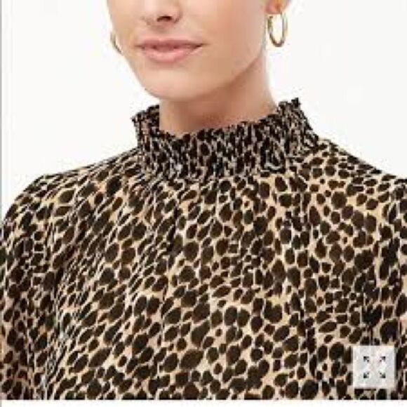 J Crew Factory Leopard Long Sleeve Chiffon Gathered Mock Neck Blouse - Picture 2 of 11